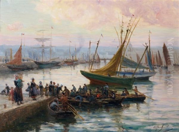 Retour De Peche Dans Un Port Breton Oil Painting by Alfred Guillou