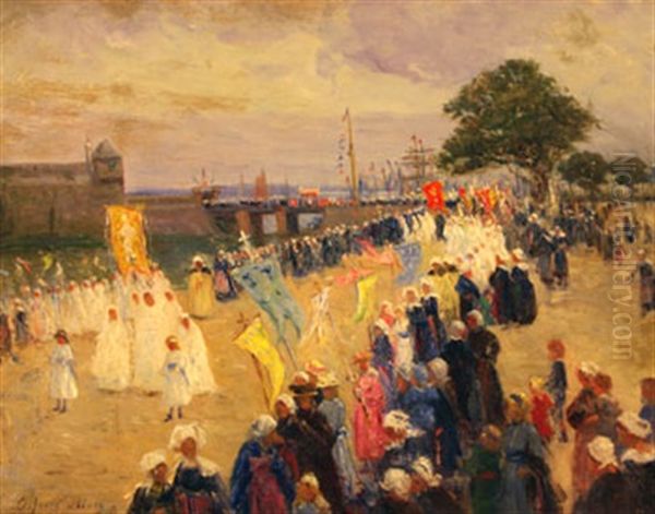 La Procession Devant La Ville Close Oil Painting by Alfred Guillou