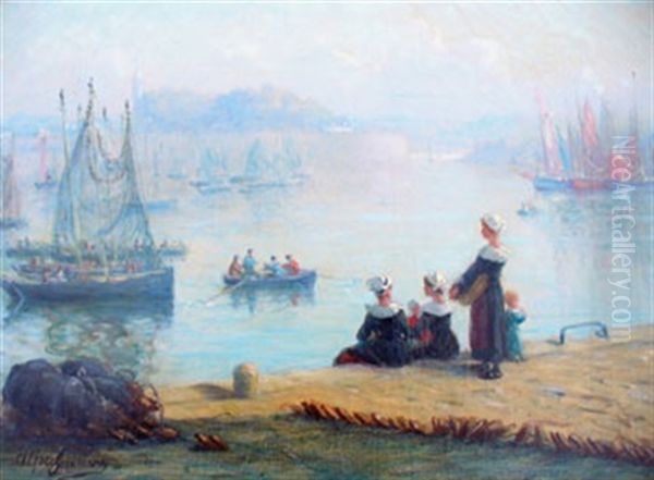 L'attente Des Femmes De Pecheurs Sur Le Port De Concarneau Oil Painting by Alfred Guillou