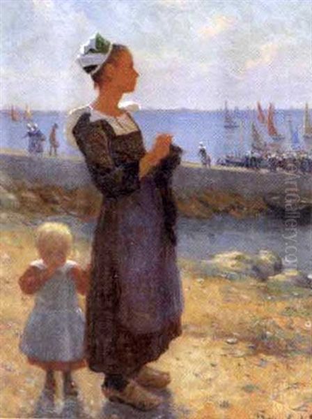 Jeune Bretonne Et Sa Fille Oil Painting by Alfred Guillou