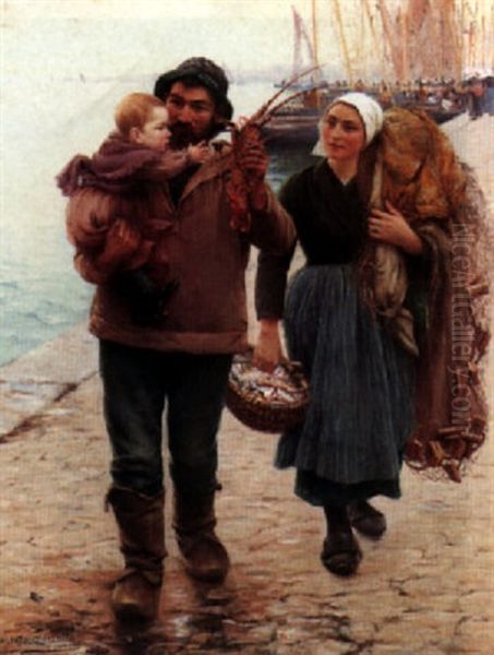 A Fisherman And His Family Oil Painting by Alfred Guillou