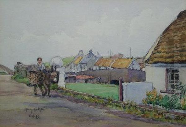 A Young Boy Riding A Donkey In An Irish Village Oil Painting by Mary Baker