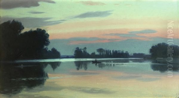 Fisherman On A River At Dawn by Charles Victor Guilloux