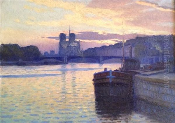 Peniche A Quai, Notre Dame De Paris Et La Seine Oil Painting by Charles Victor Guilloux