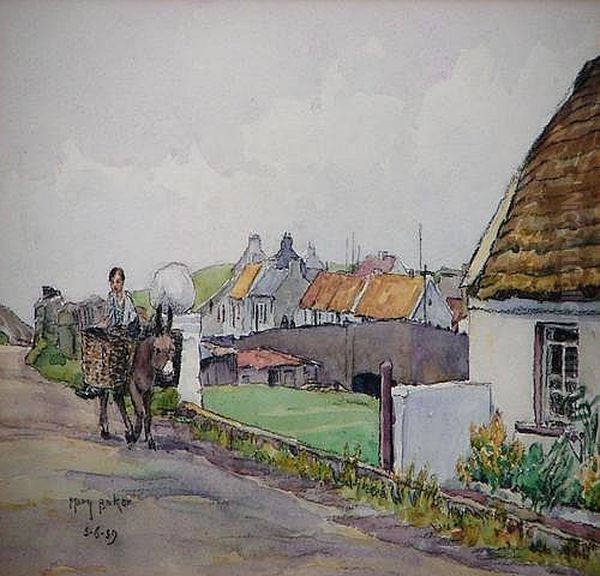 Irish Village Scene With Figures Oil Painting by Mary Baker