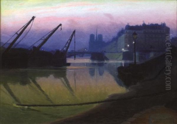 Paris, Notre-dame Et La Seine Au Crepuscule Oil Painting by Charles Victor Guilloux