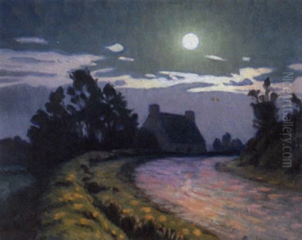 Claire De Lune, Route Et Ferme Oil Painting by Charles Victor Guilloux