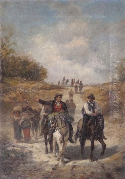 Cavaliers Et Femmes A Pied Cheminant Oil Painting by Marius Andre Guindon