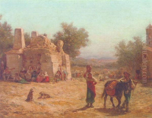 A Sunlit Italian Landscape With Peasants Resting By A Roman Ruin by Marius Andre Guindon