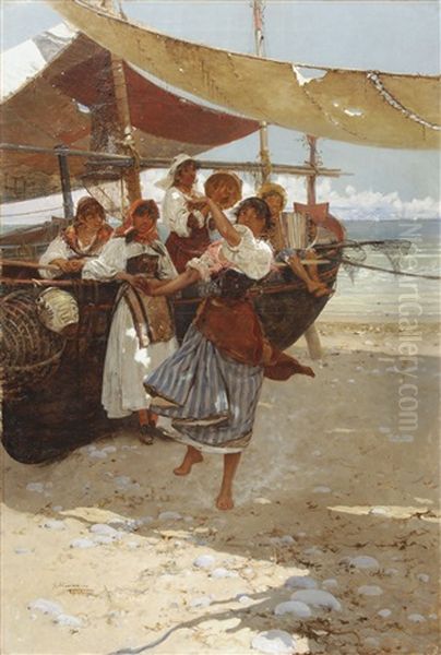 Chicas Bailando Junto Al Mar Oil Painting by Anselmo Guinea y Ugalde