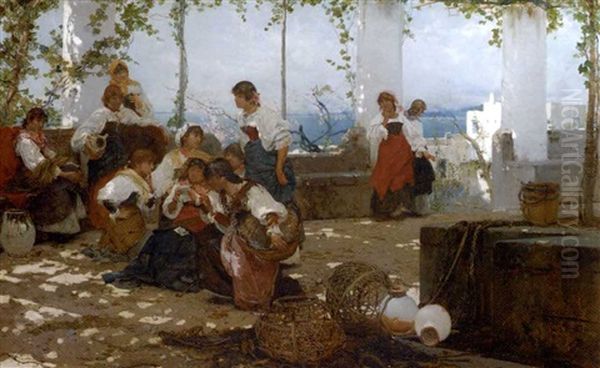 Women On A Terrace, Capri Oil Painting by Anselmo Guinea y Ugalde