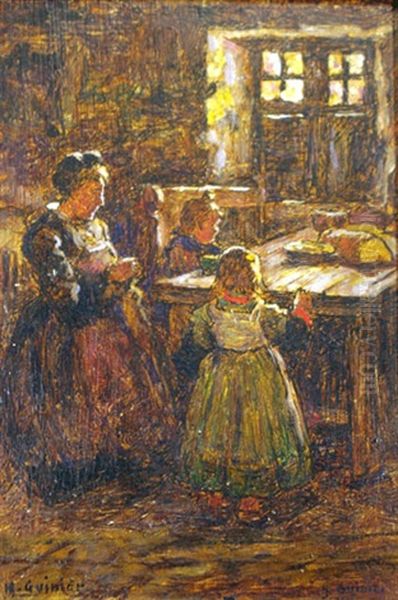 Bretonne A La Couture Et Ses Deux Enfants Oil Painting by Henri Jules Guinier