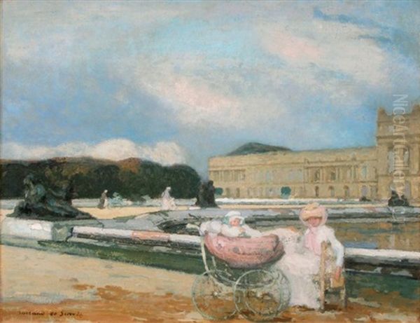 Jeune Femme Et Son Bebe Dans Le Parc Du Chateau De Versailles Oil Painting by Lucien Victor Guirand De Scevola