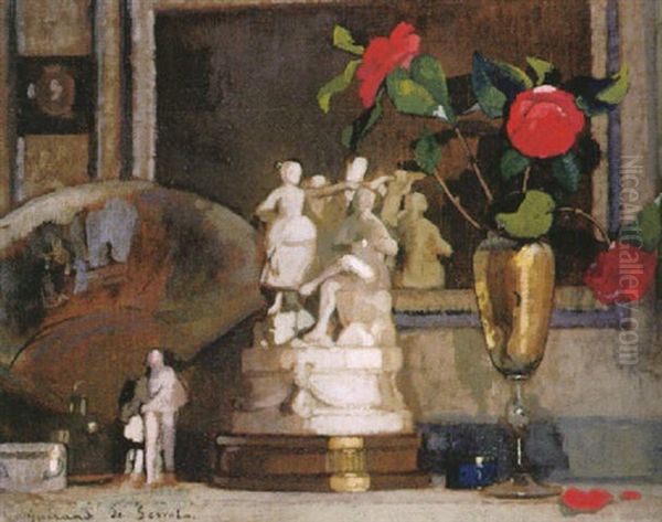 Stilleben Mit Porzellanfigurinen, Blumenvase Und Facher Oil Painting by Lucien Victor Guirand De Scevola