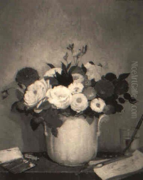 Still Life With Flowers In A Vase And Artist's Materials On A Table by Lucien Victor Guirand De Scevola