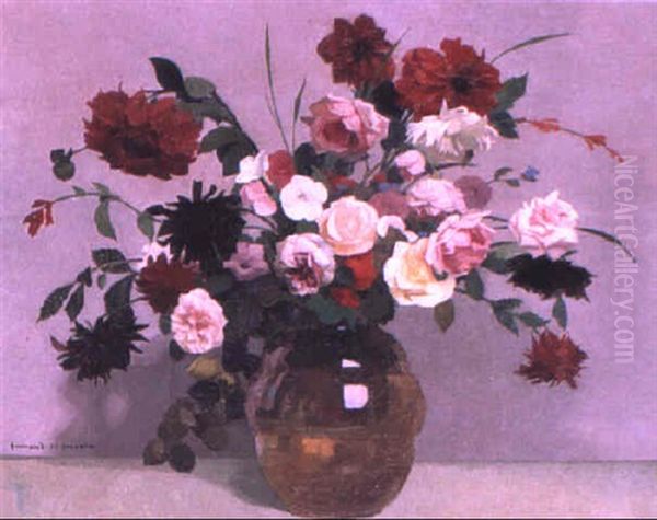 Still Life With Flowers And Grey Background Oil Painting by Lucien Victor Guirand De Scevola