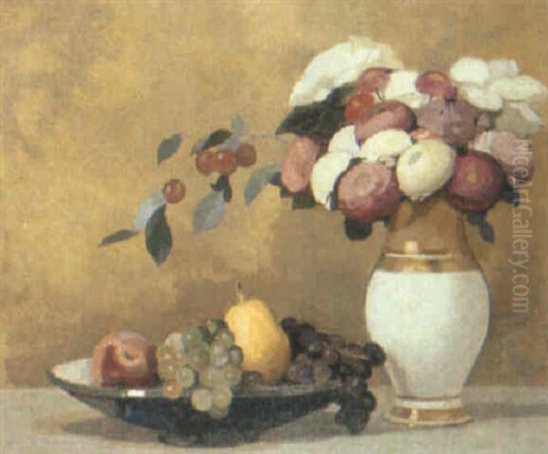 Still Life Of Vase Of Flowers And Bowl Of Fruit Oil Painting by Lucien Victor Guirand De Scevola