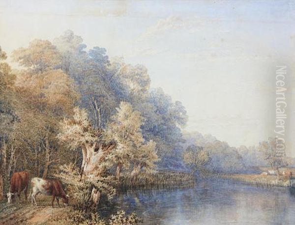 Cattle Watering By A River Oil Painting by Thomas Baker Of Leamington