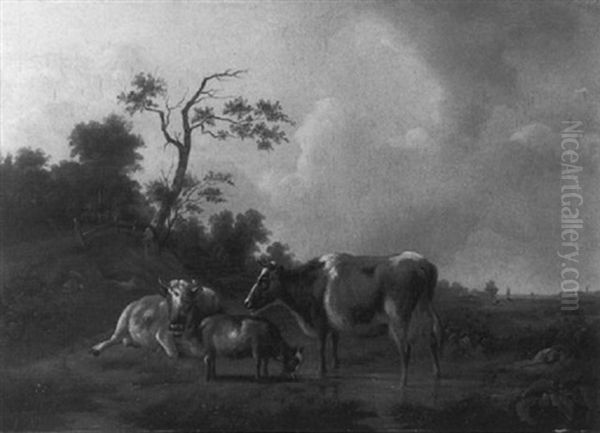 A Wooded Sloping Landscape With Resting Cows And A Goat By A Pond Oil Painting by Pieter Jan Guise