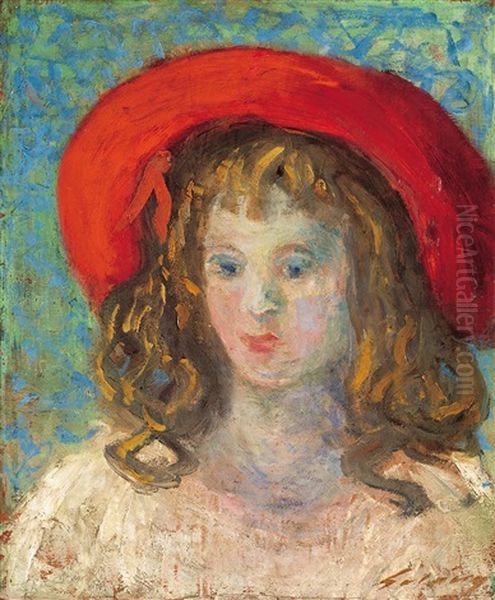 Young Girl In Red Hat Oil Painting by Lajos Gulacsy