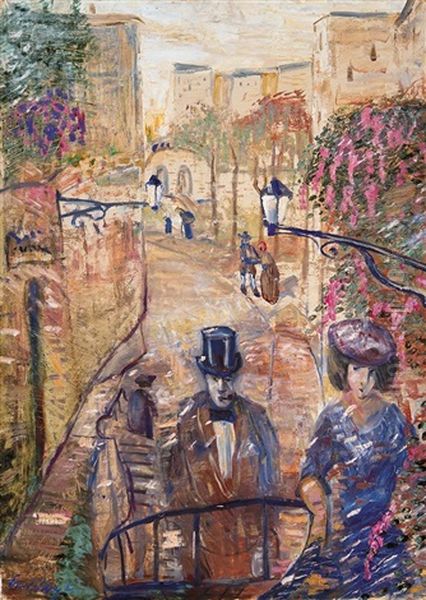 Walk In The Old Italian Town (street In Italian Small Town) Oil Painting by Lajos Gulacsy