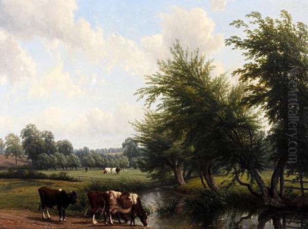 Cattle Watering By A Stream In A Wooded Landscape Oil Painting by Thomas Baker Of Leamington