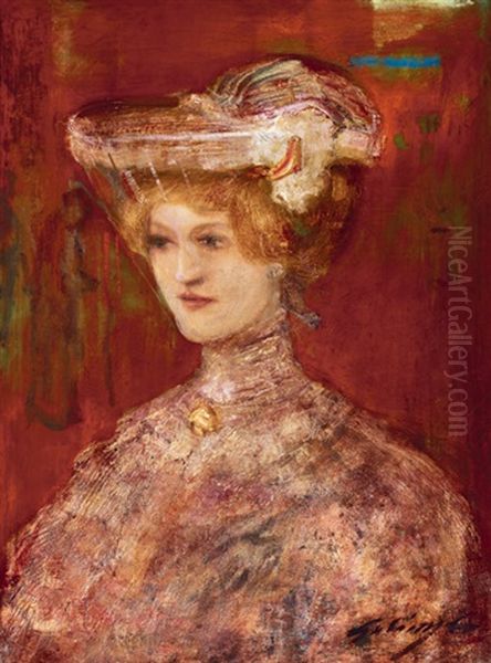 Woman With Veil (woman In A Hat With Veil) Oil Painting by Lajos Gulacsy