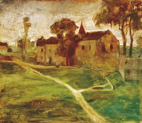 On The Road (the Neighbourhood Of The Priory) Oil Painting by Lajos Gulacsy