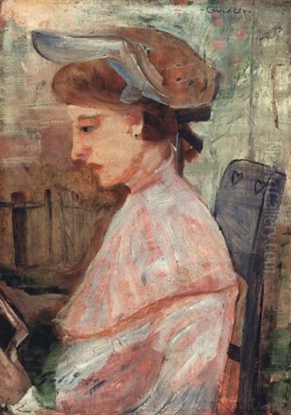 Kalapos Holgy - Lady In Hat Oil Painting by Lajos Gulacsy