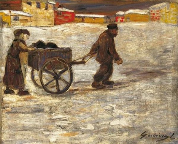 Uton Az Egynapos Hoban (on The Road In One-day Snow) Oil Painting by Lajos Gulacsy