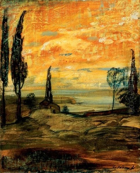 Naplemente Italiai Tajban (sunset In Italian Landscape) Oil Painting by Lajos Gulacsy