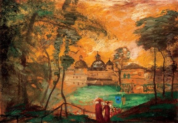 Italiai Taj Aranylo Fenyekkel (italian Landscape With Golden Lights) Oil Painting by Lajos Gulacsy