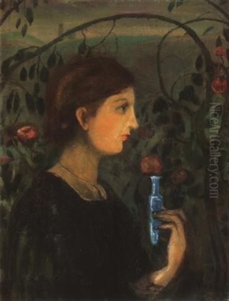 Lany Rozsalugasban (woman In Rose-arbor) Oil Painting by Lajos Gulacsy