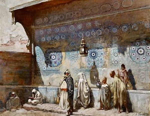 At A Fountain In Meknes, Morocco Oil Painting by Adolphe Ernest Gumery