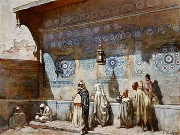 At A Fountain In Meknes, Morocco Oil Painting by Adolphe Ernest Gumery