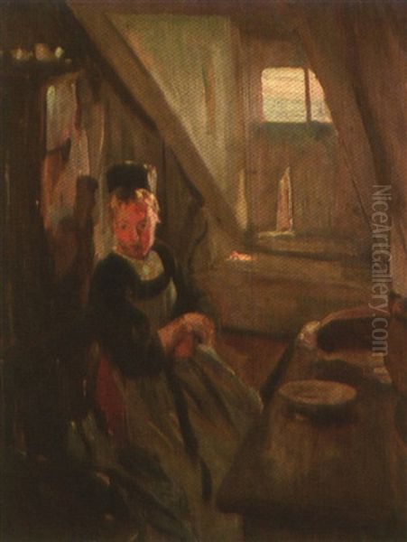 Jeune Bretonne Du Pourlet Dans Son Interieur Oil Painting by Adolphe Ernest Gumery