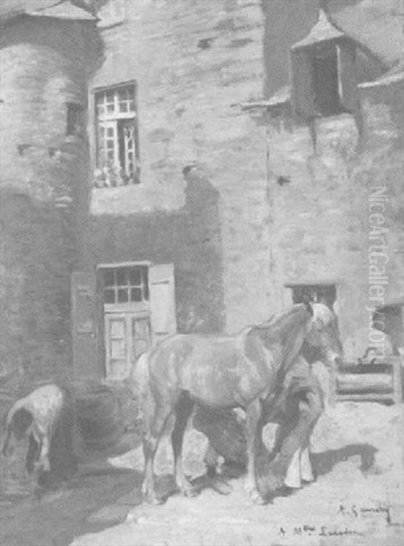 In Einem Schloshof Beschlagt Der Hufschied Ein Pferd Oil Painting by Adolphe Ernest Gumery