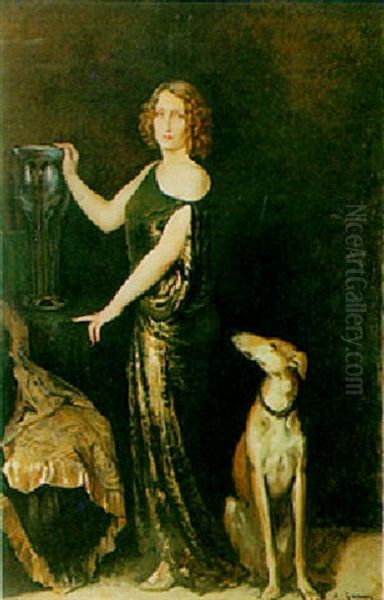 Full Lenght Portrait Of A Lady With A Greyhound Oil Painting by Adolphe Ernest Gumery