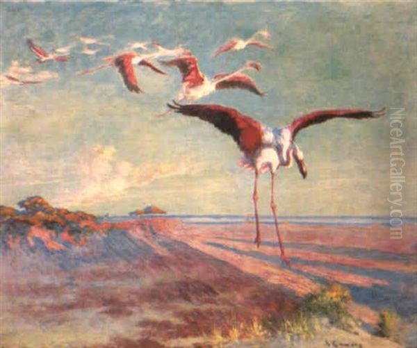 Le Retour Des Flamants Roses Sur Le Lac De Tunis Oil Painting by Adolphe Ernest Gumery