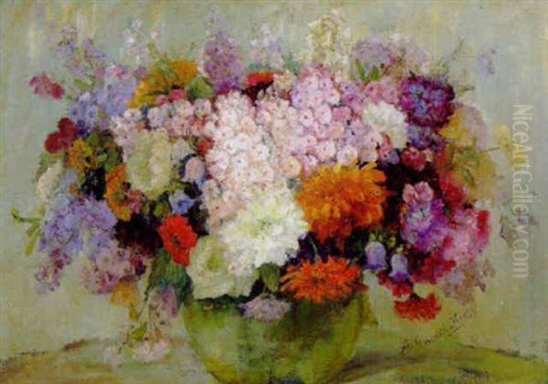 Broget Buket Af Sommerblomster I En Gron Vase Oil Painting by Anna Gumlich-Kempf