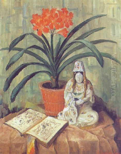 Stilleben Mit Buch Und Porzellanfigur Oil Painting by Anna Gumlich-Kempf