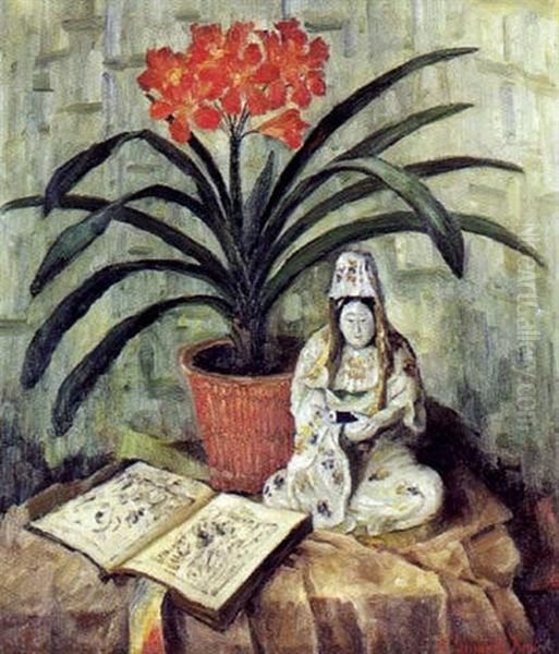 Opstilling Med Amaryllis, Bog Og Kinesisk Porcelaensfigur Oil Painting by Anna Gumlich-Kempf