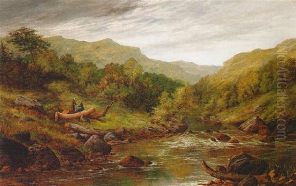 Figures Resting On A Log In A Welsh River Landscape Oil Painting by Henry Gummery