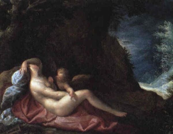 Venus Reclining In A Landscape Attended By Cupid Oil Painting by Matthias Gundelach