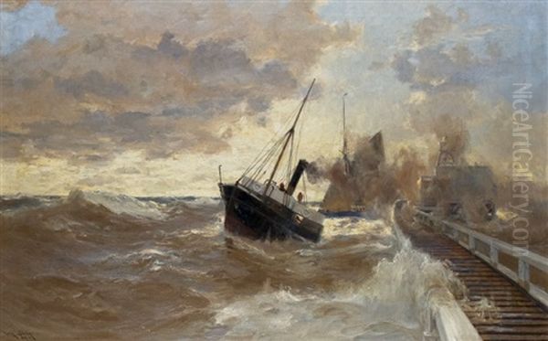 Steamer At The Pier Oil Painting by Erwin Carl Wilhelm Guenther