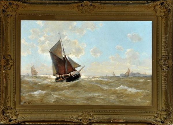 Segelschiffe Auf Bewegter See In Hafennahe Oil Painting by Erwin Carl Wilhelm Guenther