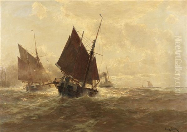 Fischerboote Und Dampfer Vor Einer Mole Oil Painting by Erwin Carl Wilhelm Guenther