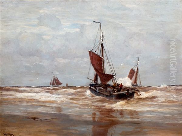 Scheveningse Vissersboot In De Branding Oil Painting by Erwin Carl Wilhelm Guenther