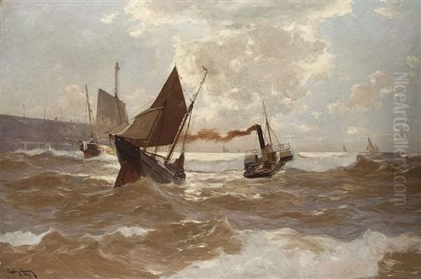 Raddampfer Und Segler Bei Der Ausfahrt Oil Painting by Erwin Carl Wilhelm Guenther