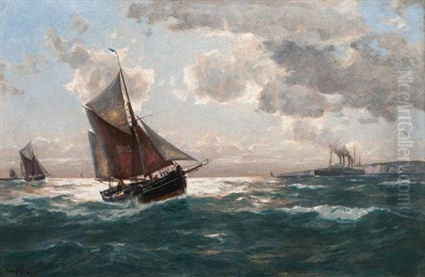 Fishing Boats And Ocean Liner Oil Painting by Erwin Carl Wilhelm Guenther